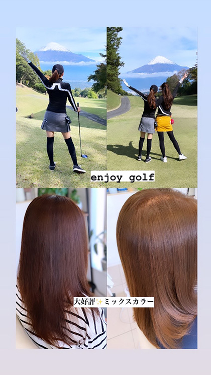 富士市美容室ミッシュヘアーの11月2日のお知らせ、ゴルフの写真とミックスカラーのイメージ画像